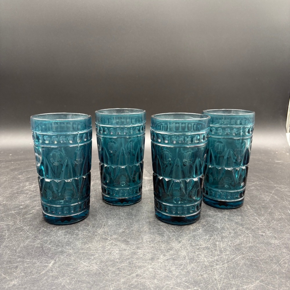 Vtg Indiana Park Lane Teal Blue Glassware 8pc Diamond Starburst Goblets Tumblers - Picture 8 of 13